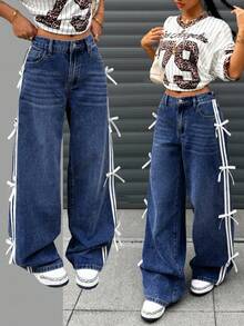 Teen Girl Contrast Striped Bow Decor Wide Leg Jeans - Dark Wash - View 1