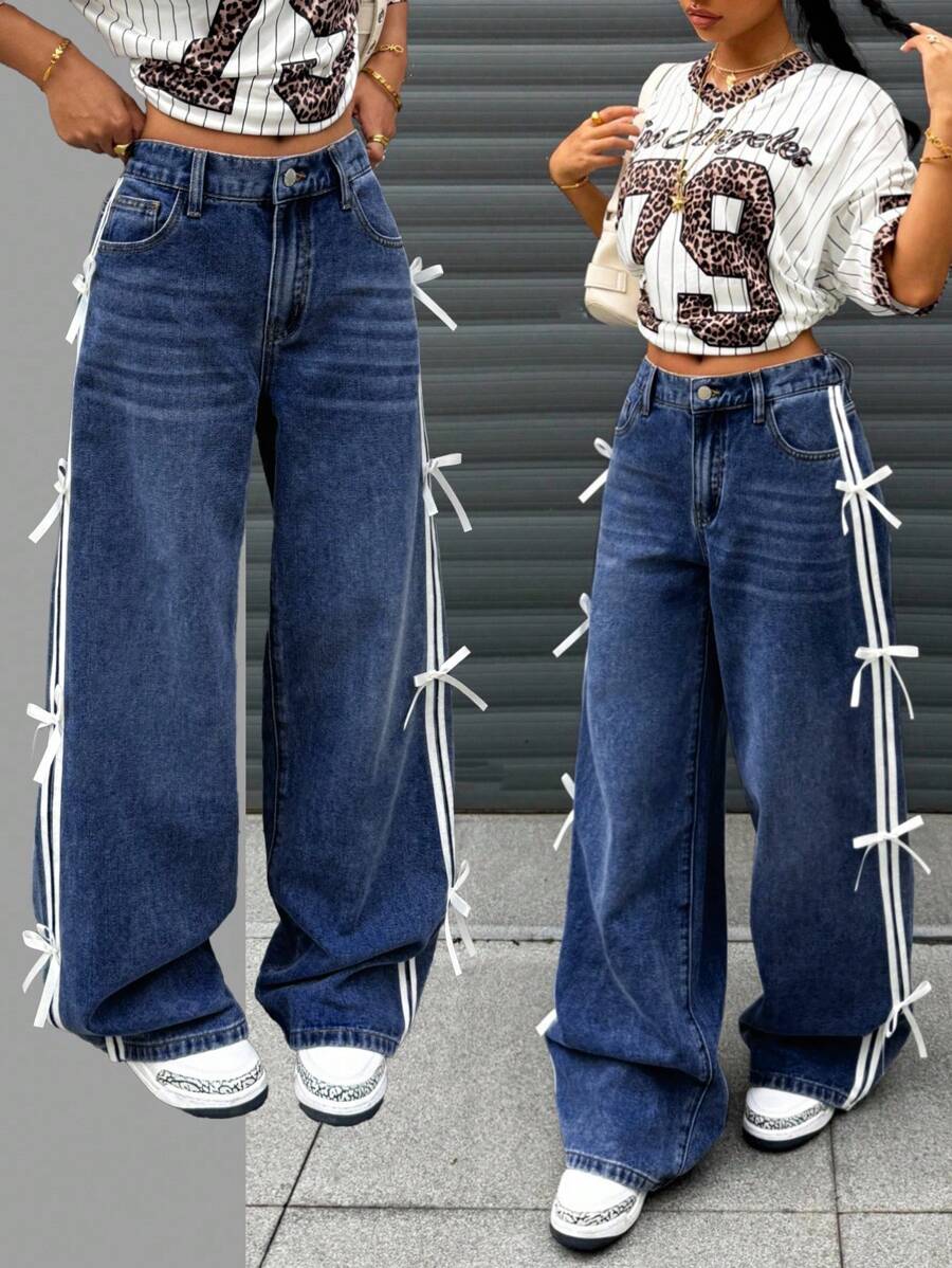 Teen Girl Contrast Striped Bow Decor Wide Leg Jeans - Dark Wash - View 1