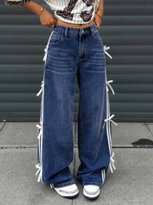 Teen Girl Contrast Striped Bow Decor Wide Leg Jeans - Dark Wash - View 5