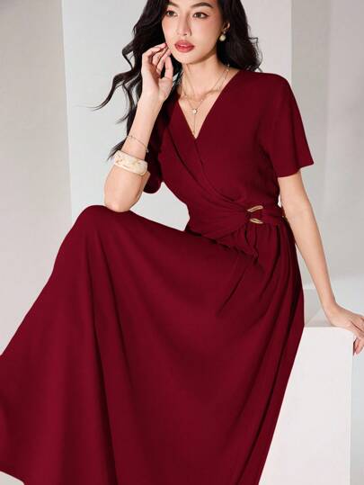 Heiryn Women's Elegant Solid Color Wrap Long Dress, Summer,Wedding Guest Dress,Elegant Dresses For Women