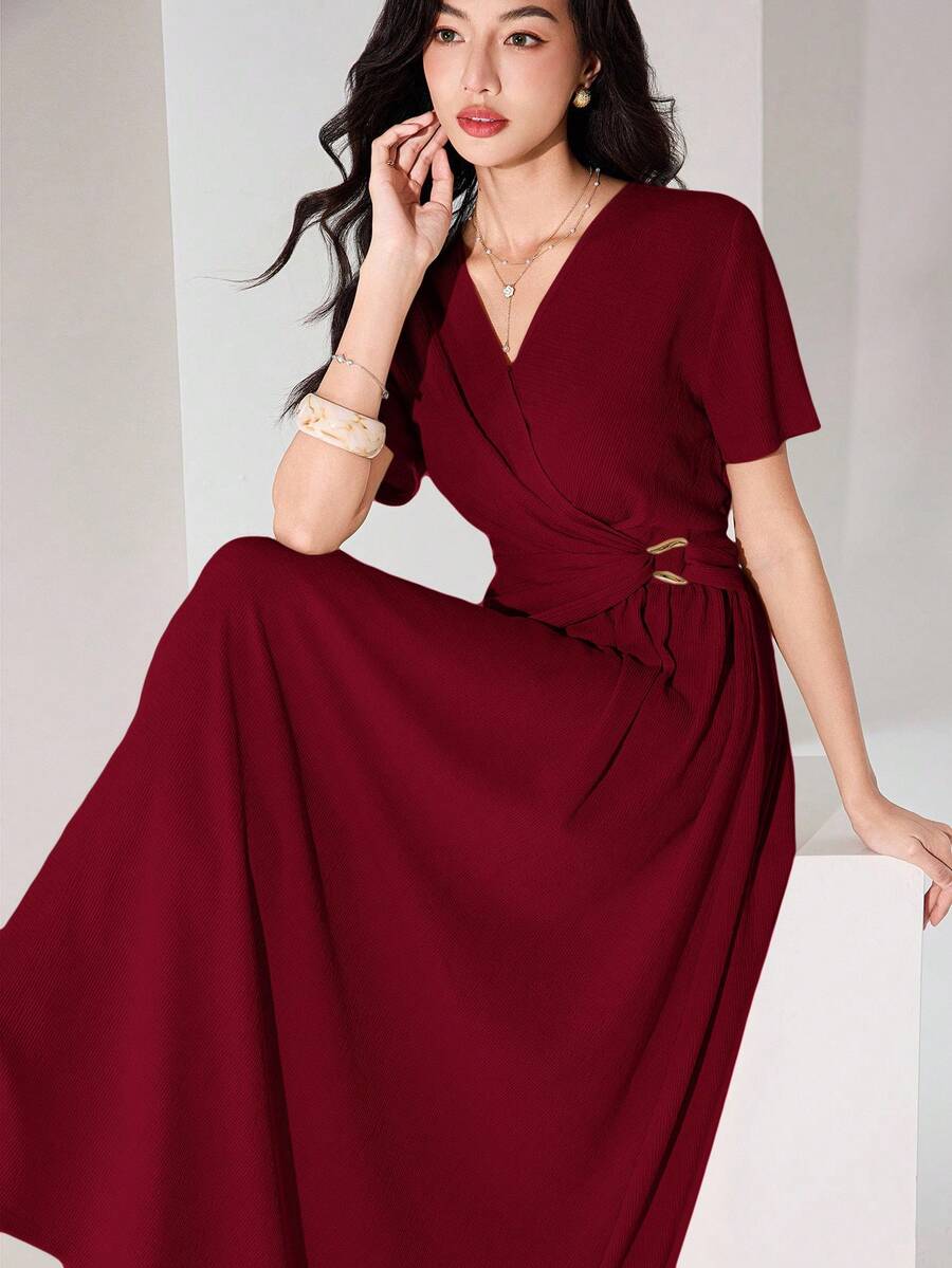 Heiryn 女士优雅纯色裹身长裙，夏季 - 酒紅色 - 查看 1
