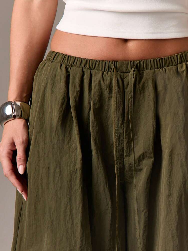 Linen Feel Parachute Pants With Elastic Waist And Pockets
