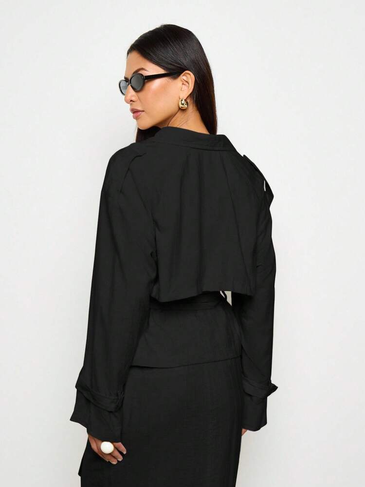 Long Sleeve Belted Wrap Blazer With Lapel Collar