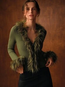 MOTF PREMIUM FUZZY TRIM RIBBED KNIT CARDIGAN - Olive Green - View 6