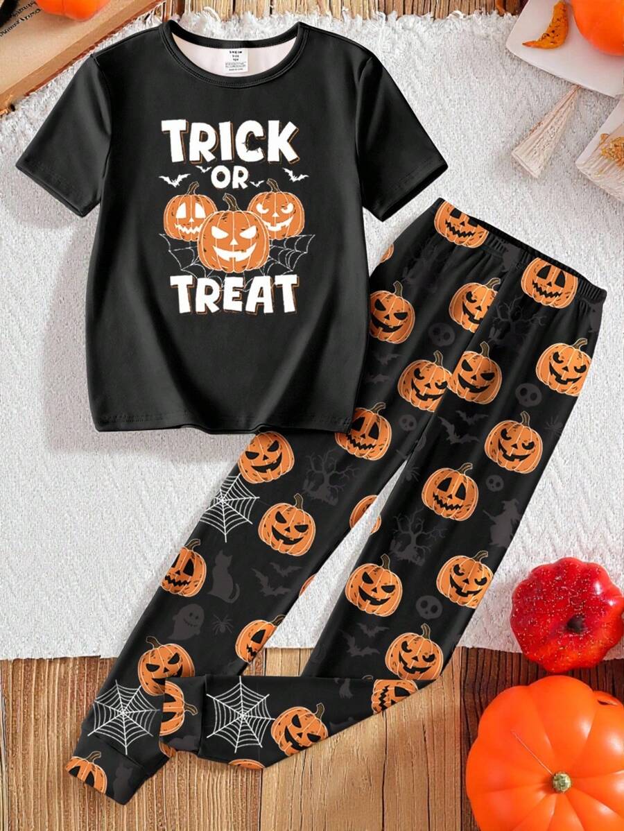 青少年男童睡衣 UV 灯夜光万圣节南瓜印花黑色针织圆领上衣和紧身南瓜印花裤两件套,万圣节礼物,建议订购大一码 - 黑色 - 查看 1