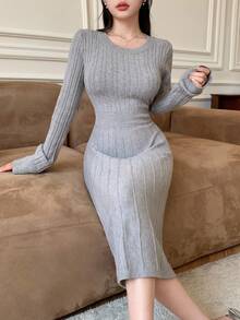 Modelyn 女士休闲通勤纯色扭腰针织连衣裙 - 淺灰色 - 查看 6