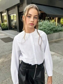 SHEIN 青少年女孩休闲日常和上学通勤彼得潘领长袖衬衫上衣，开学季 - 白色 - 查看 2