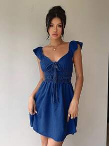 Aloruh 女士牛仔迷你连衣裙，休闲修身，蓝色 - 中等水洗藍 - 查看 7