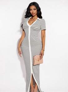 SHEIN SXY Black And White Striped Casual Maxi Dress With Collar And Front Split Striped Maxi Dress Short Sleeve Maxi Dress Casual Long Dress - Black and White - View 3