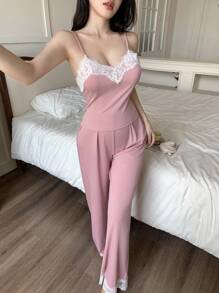 欧美风女士蕾丝拼布睡衣套装，粉色 - 藕粉色 - 查看 5