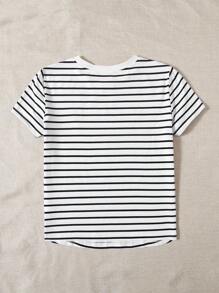 SHEIN EZwear 休闲简约黑白条纹印花樱桃刺绣图案圆领宽松女式T恤 - 彩色 - 查看 2