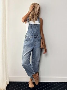 EMERY ROSE Women's Denim Jumpsuit With Bib And Braces, Fashionable Summer Outfit - Blue - View 4