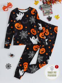 SHEIN 青少年男孩夜光万圣节南瓜和鬼魂印花紧身睡衣套装，长袖上衣和裤子，2 件套，返校时尚万圣节男童紧身睡衣 - 黑色 - 查看 4