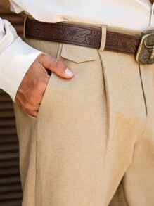 Manfinity Nomadique Men's Casual Versatile Commuter Solid Color Tapered Pants Baggy Khaki Pants Khaki Barrel Pants Beige Pants For Men, Fall - Khaki - View 3