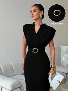 Lavishia Women's Solid Color V-Neck Dolman Sleeve Fitted Midi Dress, Elegant Minimalana Black Long Skirt With Wide Shoulders And Deep V, Sexy Elegant, Simple And Versatile For Commuting, Slimming Elegant Vacation Outfits Woman, Summer Dresses For Women,Graduation Dresses - Black - View 1