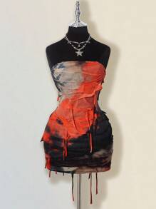 SHEIN ICON Robe moulante mini dos nu avec effet tie-dye contrastant orange et noir pour femmes
