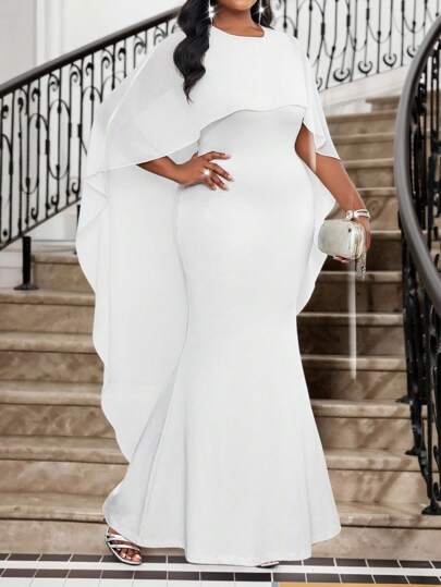 Fleurora Plus Size Women 2025 New Spring, Summer, Autumn And Winter Plus Size Knitted Round Neck White Mesh Splicing Cape Shape Waist Long Fishtail Plus Size Dress Fall Women Wedding Guest Dress Women,Homecoming Dress All White Mermaid Dress White Formal Evening Gown Outfit For Party