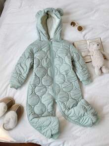 SHEIN Zielony, teksturowany, termiczny, podszyty, swobodny, w stylu vintage, chłopięcy kombinezon typu "wszystko w jednym", z kapturem i długim rękawem, odpowiedni do zabawy na śniegu, na jesień/zimę