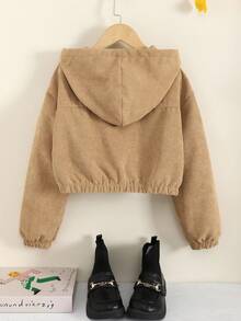 Tween Girl Loose Casual Drop Shoulder Hooded Cropped Corduroy Jacket,In Fall/Winter - Camel - View 2