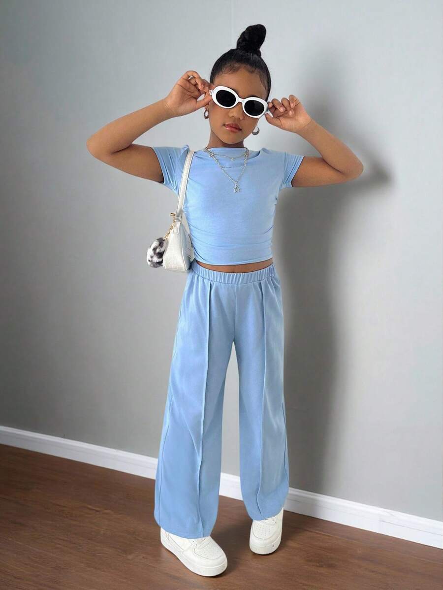 SHEIN Tween 女童休闲纯色针织长袖上衣和直筒裤套装，返校装 - 藍色 - 查看 1