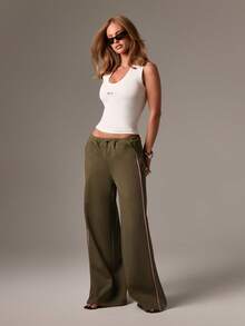 AiiRZ Quần thể thao ống rộng có dây rút, quần dài mặc nhà mùa hè, quần sọc bên hông, quần mặc thoải mái, phong cách sống mùa thu - Màu xanh lá cây đậm - Xem 3