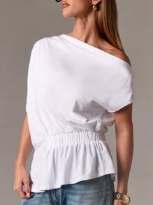 AiiRZ Off Shoulder Draped T-Shirt With Elastic Waist Detail Asymmetric Neckline Casual Summer Loose Fit Minimalist Basic Everyday Fashion Statement Top