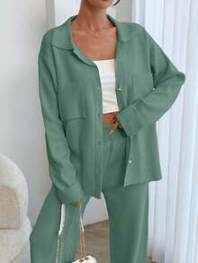 EURMUSE Women Solid Color Collar Neck Front Button Pocket Detailed Pullover & Sweater Pants Set,Winter Clothes - Mint Green - View 2