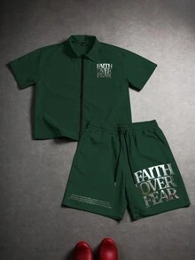 PAVTROS Set di camicia e pantaloncini casual estivi da uomo con stampa di slogan