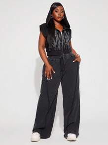 SHEIN SXY Plus Size Women's Spring&Summer Daily Basic 95% Cotton Solid Plus Size Washed Distressed Elastic Waistband Drawstring Loose Wide-Leg Sweatpants,Suitable For Everyday Wear, Country Music Concert Oversized Pants Loose Pants Baggy Pants Wide Leg Pants Black Pants,Hip-Hop,Leisure,Street Style,Western Wear,Music Festival,Vintage,Minimalism,Concert,Carnival Party,Resort,Outing,Vacation,Date Night,Gathering,Birthday,Bachelorette Party,Gyaru,Break,Rave,Modest,Chic,Club,Cute,Casual,Shopping