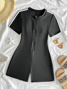 SHEIN 青少年女孩黑色连体泳衣，黑白撞色肩带，简约休闲运动风格，适合海滩、度假、冲浪 - 黑色 - 查看 3