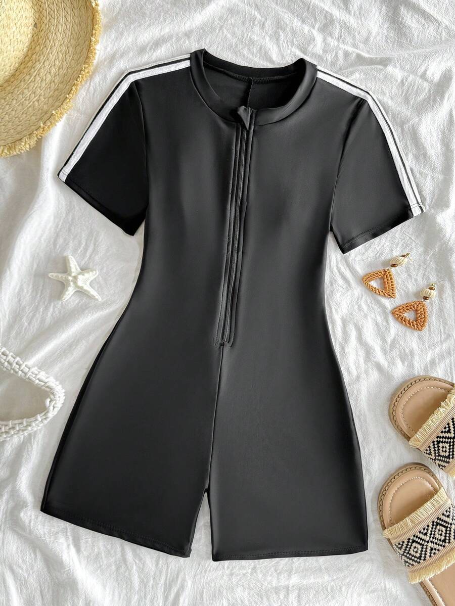 SHEIN 青少年女孩黑色连体泳衣,黑白撞色肩带,简约休闲运动风格,适合海滩、度假、冲浪 - 黑色 - 查看 1