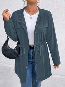 EMERY ROSE Plus Size Women Drawstring Waist Hooded Jacket Fall Winter Cloth For Women Autumn - Blue - View 4