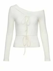 DAZY 女士休闲纯色不对称领带T恤长袖女式上衣