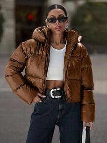 EURMUSE Women's Hooded Long Sleeve Short Padded Coat - Camel - View 1