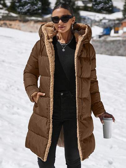 EURMUSE Double Face Teddy Bear Hooded Puffer Long Down Coat