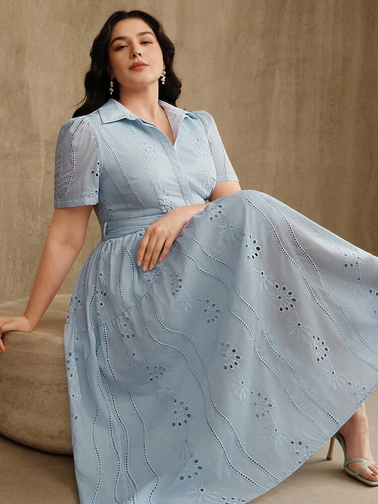 Anewsta Women's Elegant Vacation Shirt Collar Short Sleeve Cinched Waist Loose Dress, Plus Size, Spring/Summer - Baby Blue - View 4