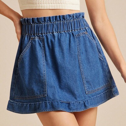 주름 허리 유틸리티 포켓 러플 A라인 데님 반바지 컨트리 웨스턴 카우걸 로데오 내슈빌 브런치