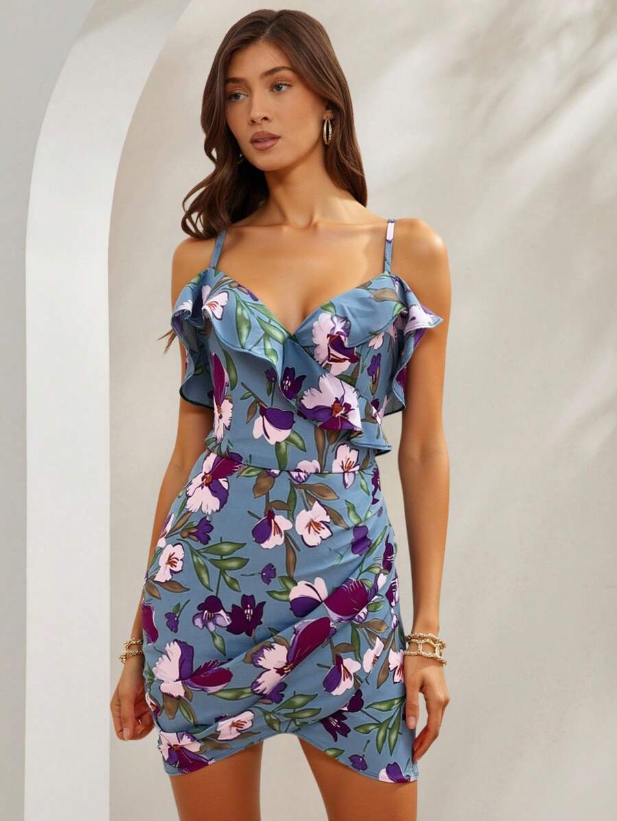 L'Amorae Vestido mini de mujer de gasa con estampado floral y detalle de volantes, ideal para el verano - Azul - Ver 1