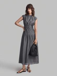Ontre 2025 New Autumn Women's Elegant Solid Gray Waist Cinched Long Dress, Graceful Dress For Women, Outerwear, Business Casual Vacation Beach Birthday Party Outfit, Teacher Uniform, Office Wear