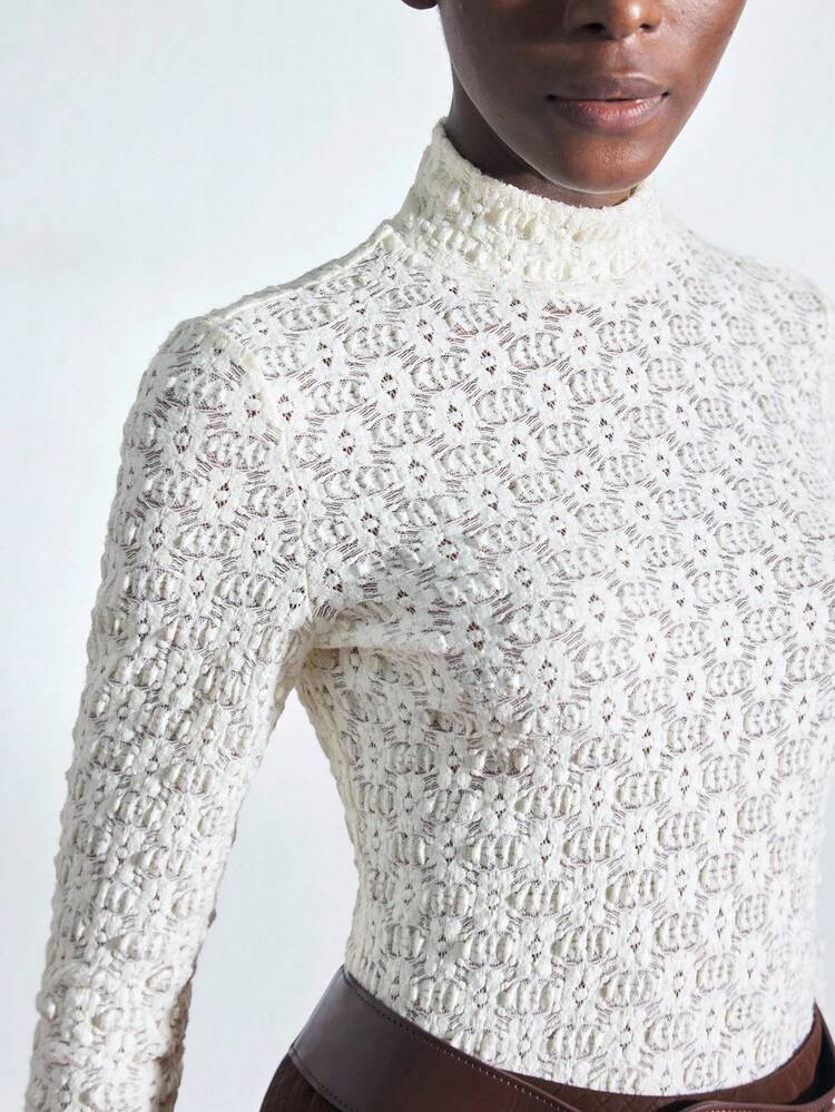 SHEIN Maija Women's Apricot High Neck Fitted Lace Floral Textured All-Match Versatile Modern Top Eyelet Top Lace Top Brown Leather Skirt White Eyelet Blouse Saudi National Day White Top  White Corset Top Weddings & Events