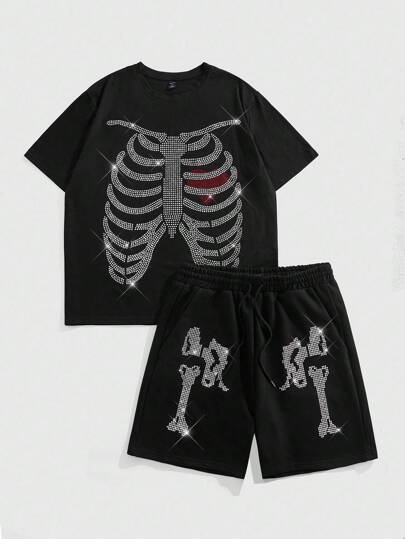 Goth Ensemble t-shirt et short à squelette orné de strass pour hommes, été, Halloween