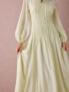 Enchnt 秋冬浪漫女士优雅奶油黄灯笼袖长裙，甜美优雅，适合度假、约会、节日、派对、毕业典礼、婚礼宾客和海滩，舞会礼服，女士太阳裙，优雅派对礼服，女士秋季礼服 - 黃色 - 查看 2