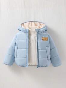 SHEIN Playful Pals 0-3 Years Baby Boy/Girl/Unisex Infant Toddler Casual Everyday Cute Versatile Thick Hooded Cream Blue Fog Blue Fleece Jacket Winter Coat Fall - Blue - View 1