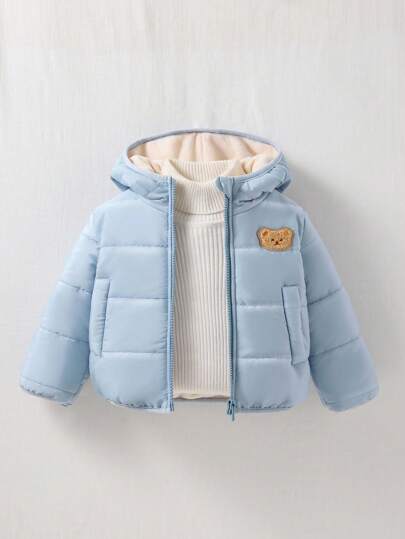 SHEIN Playful Pals 0-3 Years Baby Boy/Girl/Unisex Infant Toddler Casual Everyday Cute Versatile Thick Hooded Cream Blue Fog Blue Fleece Jacket Winter Coat Fall