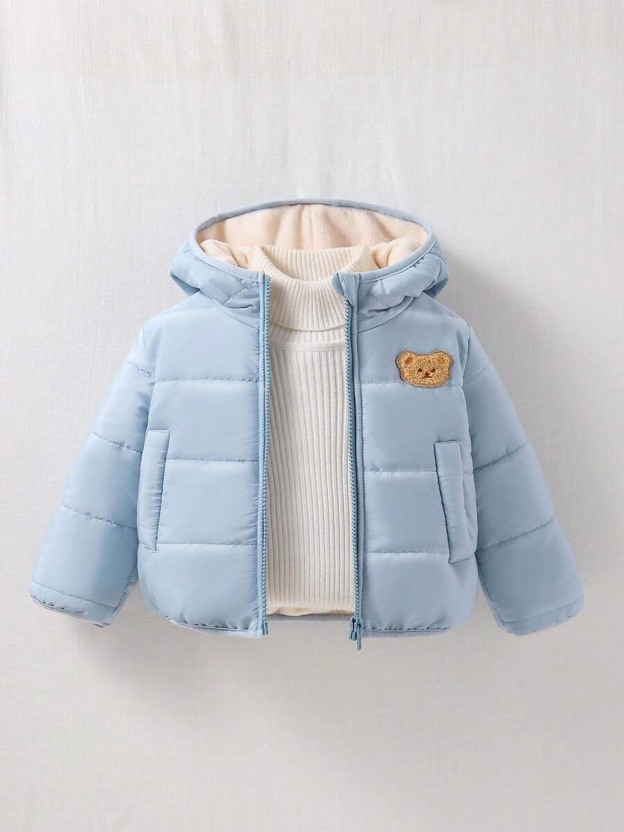 SHEIN Playful Pals 0-3 Years Baby Boy/Girl/Unisex Infant Toddler Casual Everyday Cute Versatile Thick Hooded Cream Blue Fog Blue Fleece Jacket Winter Coat Fall - Blue - View 1