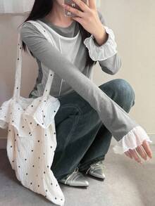 FRIFUL Camiseta de manga larga con cuello redondo, de tela de malla transparente con parches, con dobladillo fruncido, ajustada, para otoño - Gris - Ver 2