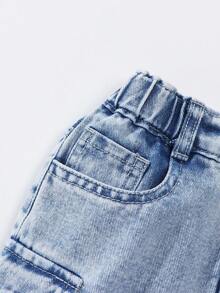 SHEIN Explorewe 小女孩两件套，水洗浅蓝色有领夹克外套，正面有纽扣，搭配牛仔工装裙，多口袋设计，修身版型，适合外出、约会、休闲活动、派对、日常校园风，让小家伙成为人群中闪耀的明星 - 淺色水洗藍 - 查看 7