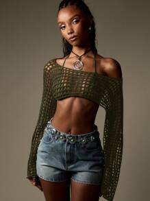MISSGUIDED 波西米亚风渔网钩针露脐上衣，喇叭袖，适合夏季沙滩穿着，宽松露肩，嬉皮风，Y2K 时尚 - 軍綠色 - 查看 6