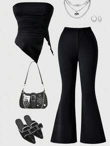 2件套青少年女孩露肩不对称上衣和高腰休闲喇叭裤套装 - 黑色 - 查看 5