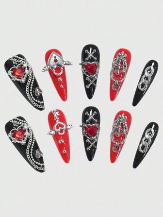 Anime 10 piezas de uñas postizas con cadena en forma de corazón y garra de ángel al estilo Y2K, y 1 pieza de cinta